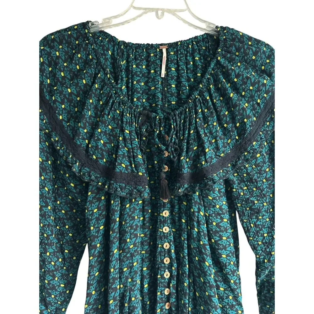 Free People Small Petite Oversized Collar‎ Green Floral Print Button Up Blouse